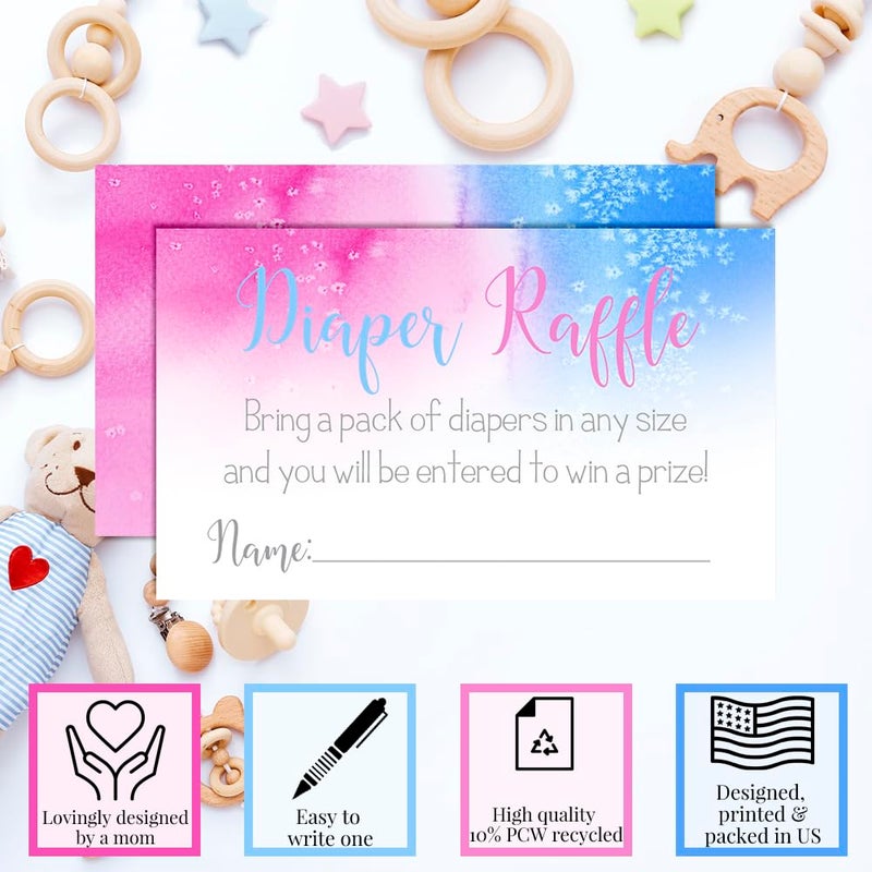 Amanda Creation Pink & Blue Watercolor Diaper Raffle Tickets for Gender Reveal Baby Showers, 20 2" X 3â€ Double Sided Insert Cards for Games by AmandaCreation, Bring a Pack of Diapers to Win Favors & Prizes! - Image 4